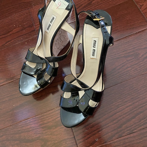 MUI MUI Black Patent Leather Wedge Cork Heel Sandals - Picture 8 of 13